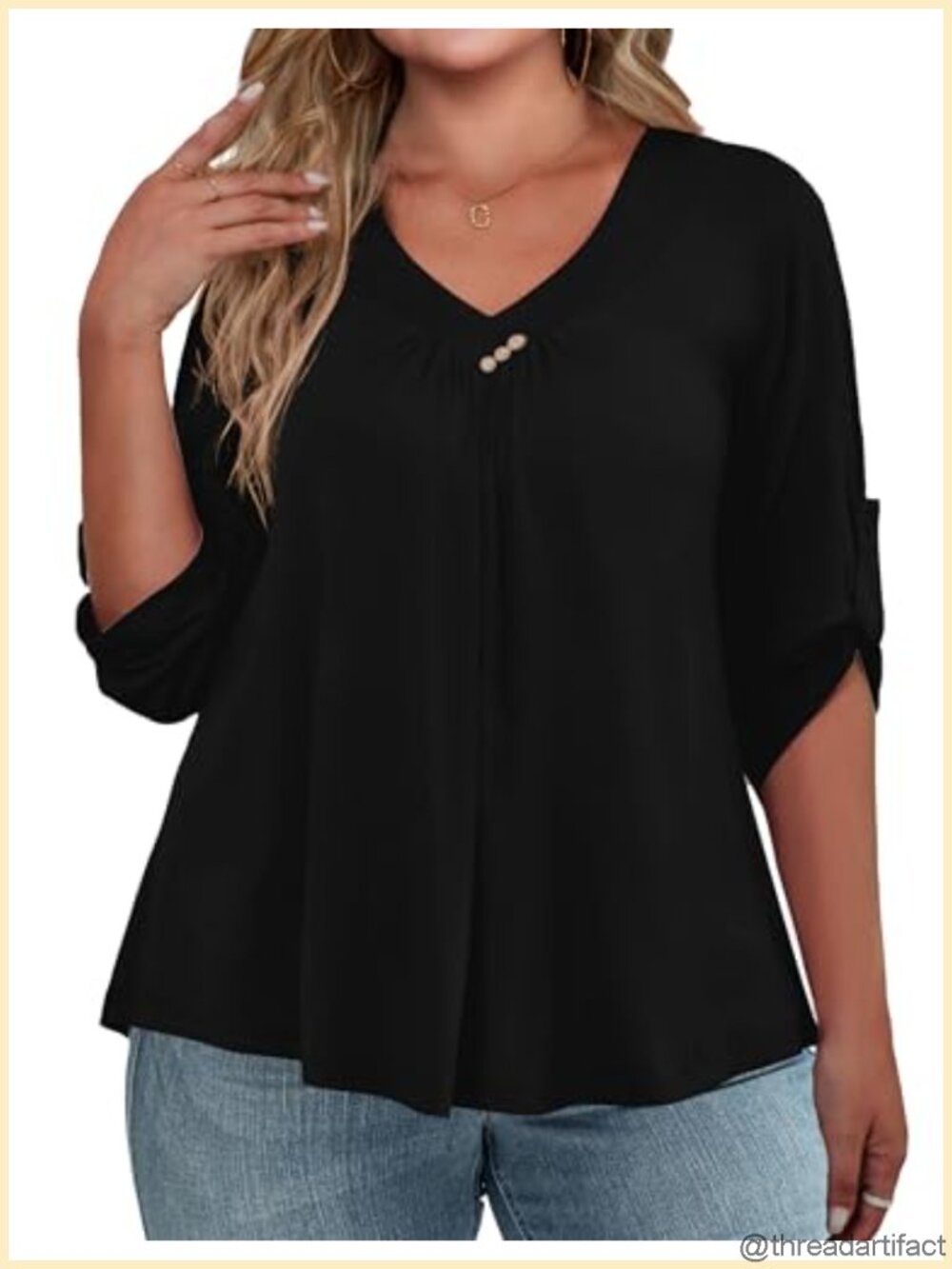 Womens Plus Size 3/4 Roll Sleeve Blouse V Neck Casual Tunic Top